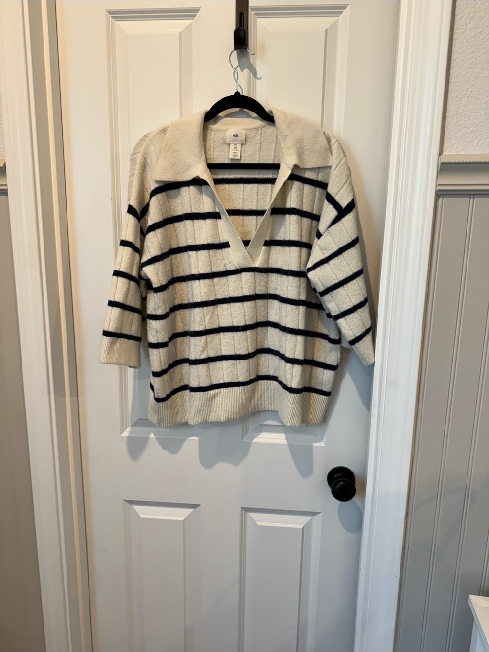 H&M Cream and Black Striped Collar Quarter Sleeve Sweater